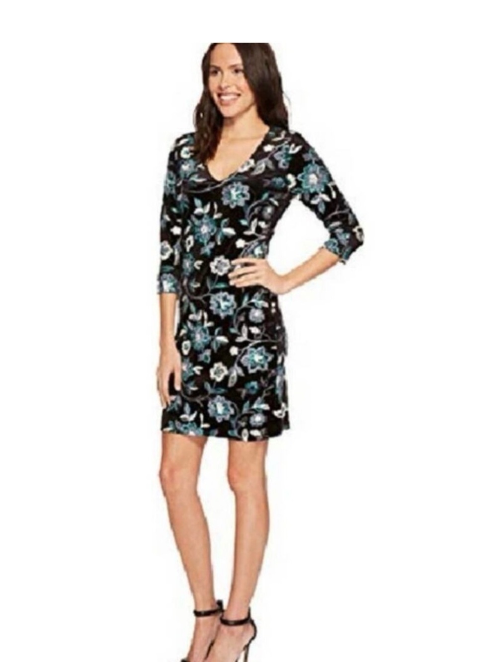 Karen Kane Black Floral Midi Dress with Teal and White Accents
